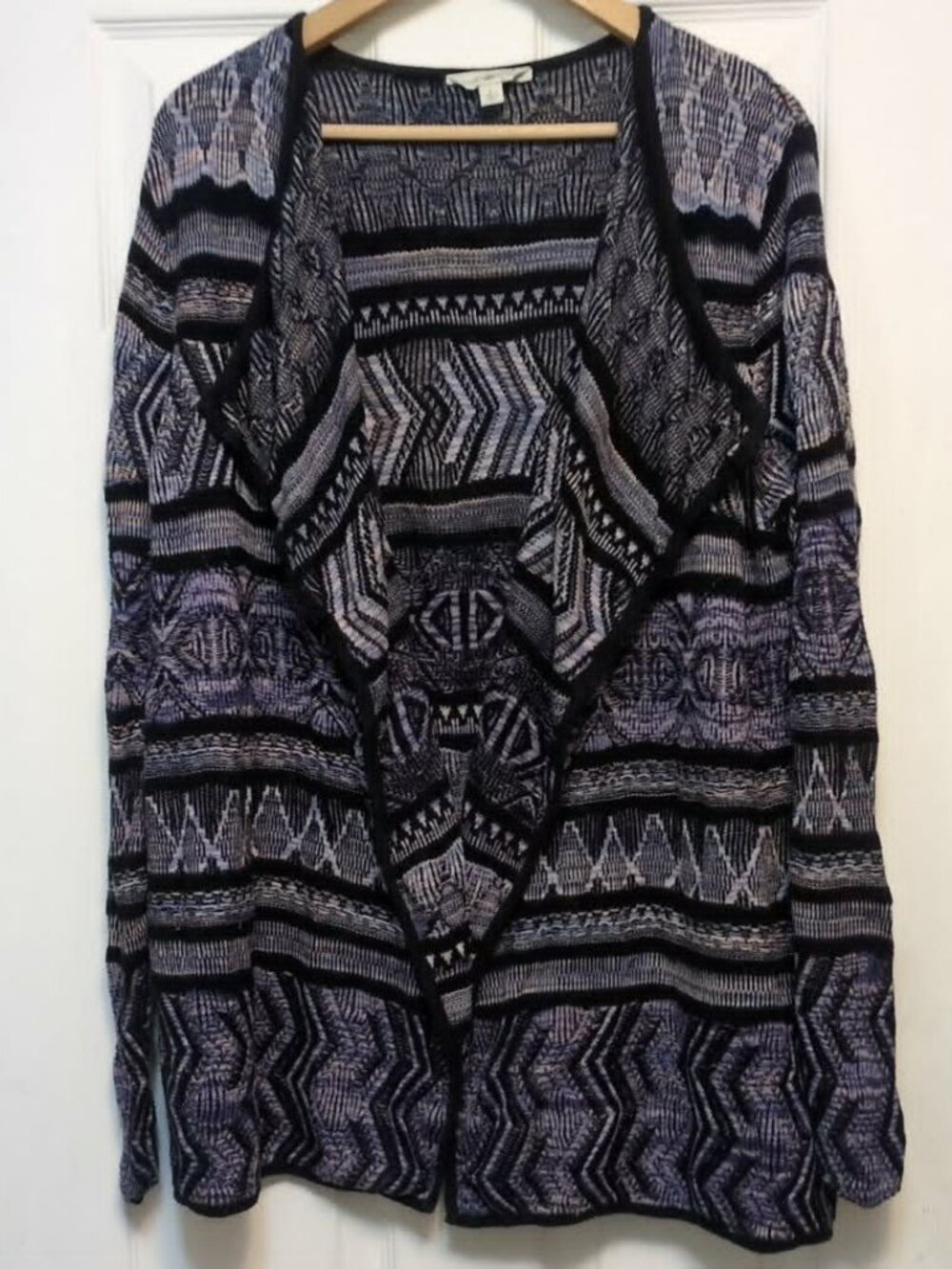 Lucky Lotus Sz L Open Cardigan Purple Boho Bohemian Geo Aztec Southwes 70" Hippi